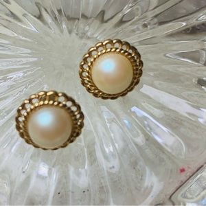 Round Pierced Gold Tone Earrings w/ Faux Pearl Stone